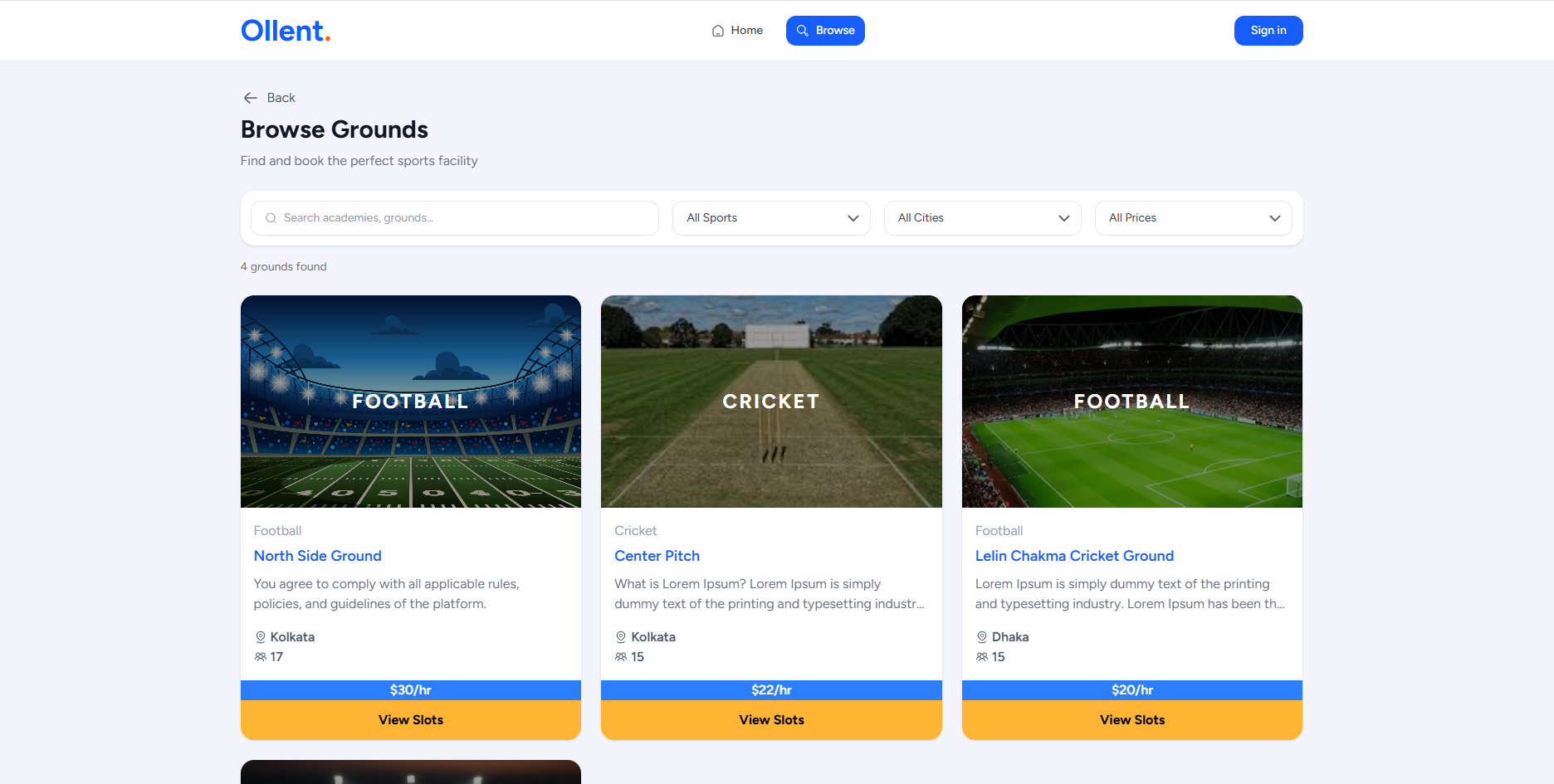Ollent — Sports Venue Booking Platform screenshot 1